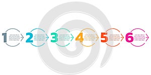 6 steps or options info graphic with numbers and circles. Modern business process design. Timeline infographic, presentation